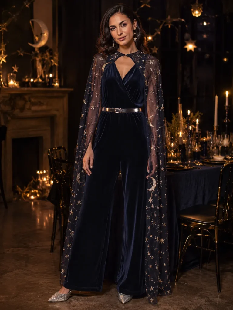 Woman wearing a navy velvet jumpsuit, metallic belt, star earrings, and embroidered celestial cape.