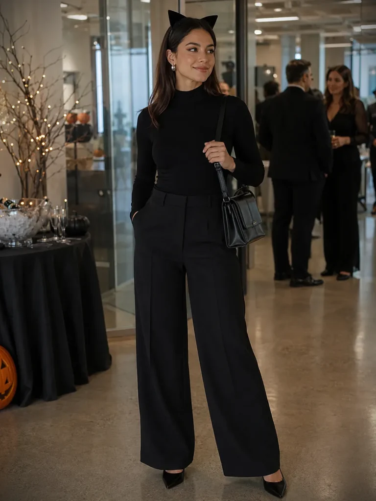 Woman wearing a fitted black top, tailored wide-leg trousers, slim cat ears, and pointed flats for a classy black cat costume.