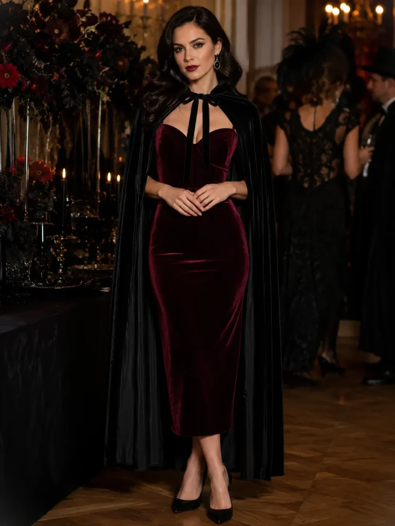 Woman wearing a burgundy velvet vampire countess dress with a black cape and dark earrings for Women’s Classy Halloween Costumes.