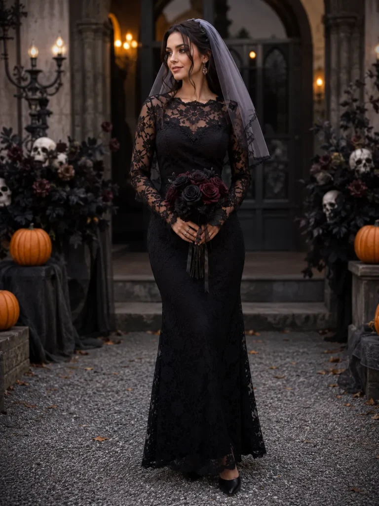 Woman wearing a black lace maxi dress, short veil, antique jewelry, and dark rose bouquet as a Gothic bride.