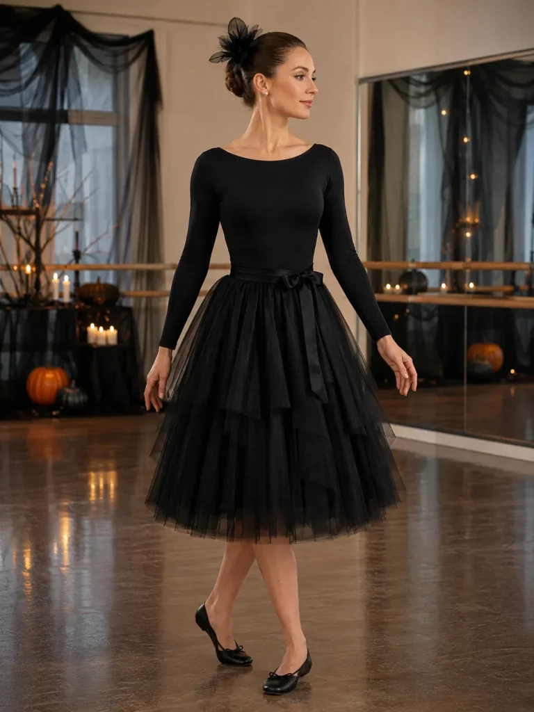 Woman wearing a black bodysuit, tulle midi skirt, ballet flats, and feather hair accessory.