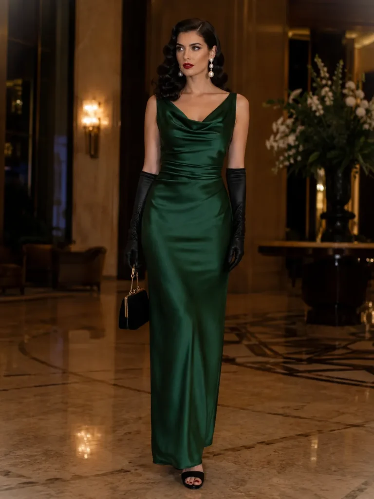 Woman wearing an emerald satin gown, long gloves, pearl earrings, and vintage waves for an old Hollywood costume.