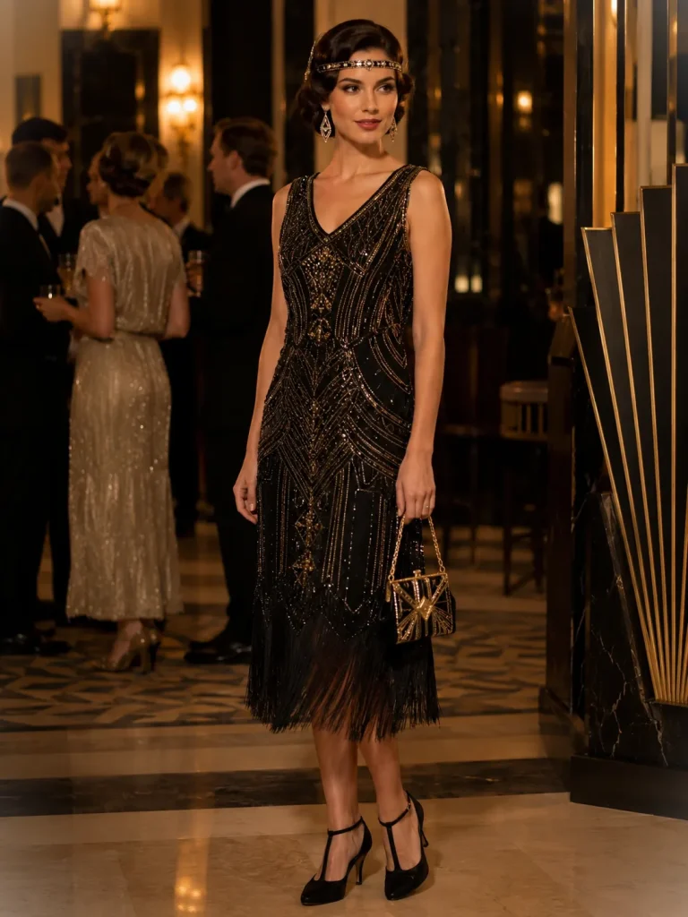 Woman wearing a black and gold beaded dress, T-strap heels, and jeweled headband for an Art Deco costume.
