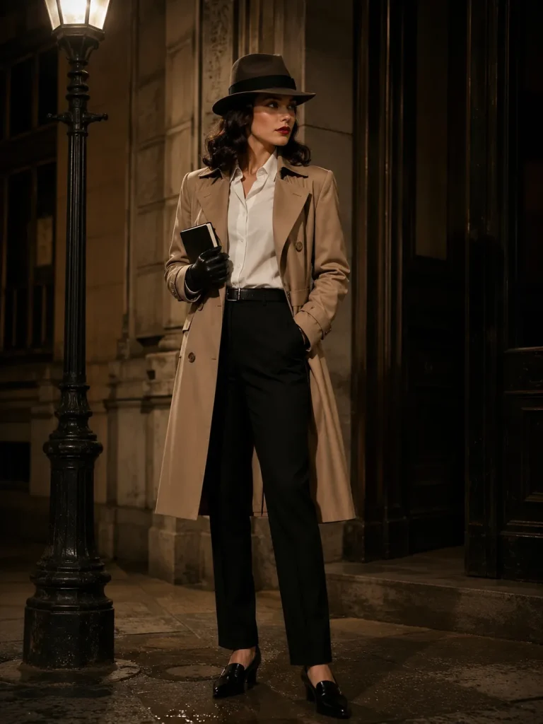 Woman wearing black trousers, a white blouse, trench coat, gloves, and structured hat as a film noir detective.