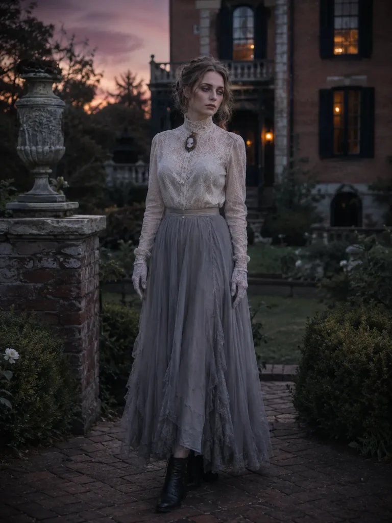 Woman wearing a high-neck blouse, flowing gray skirt, cameo brooch, and lace gloves as a Victorian ghost.