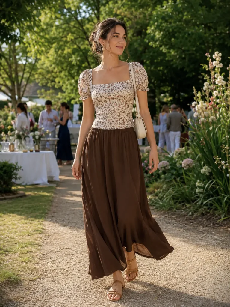 Small-floral boho top paired with a solid brown maxi skirt and flat sandals.
