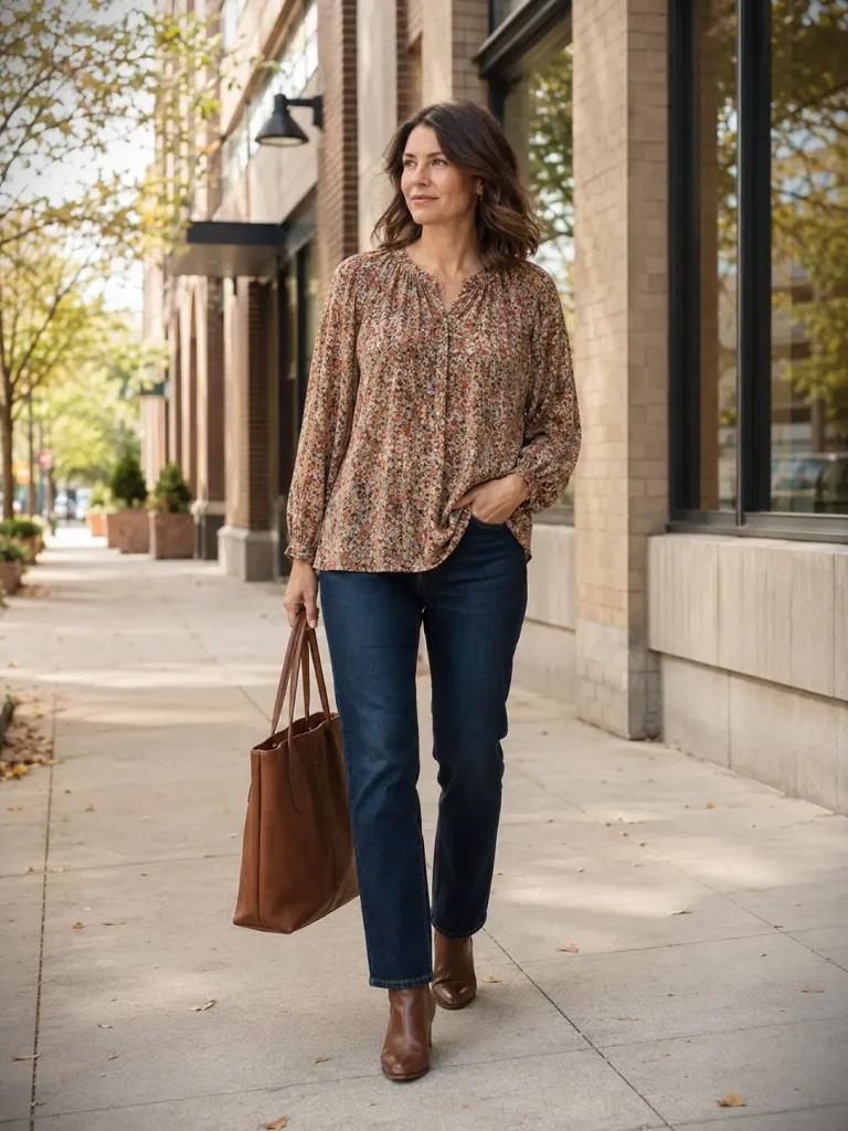 Printed peasant blouse styled with dark straight-leg jeans and brown ankle boots.