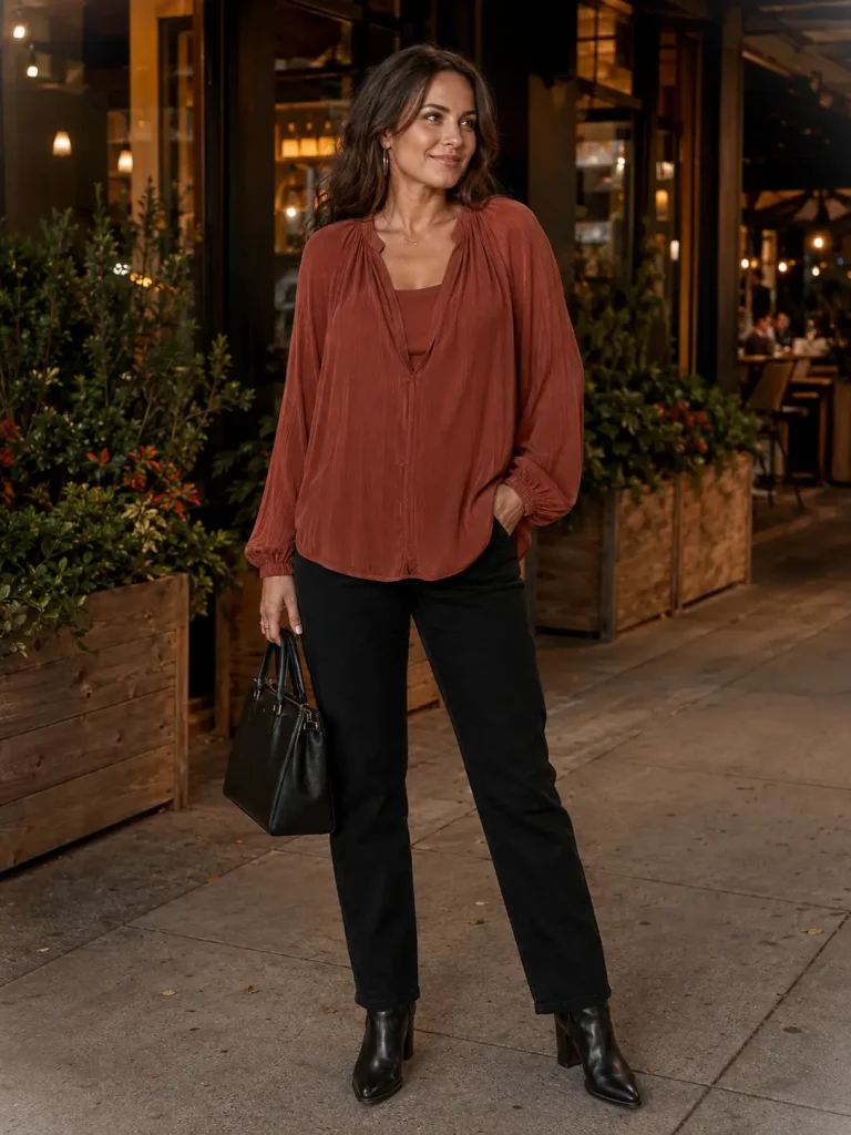Rust boho blouse paired with black straight-leg jeans and ankle boots.
