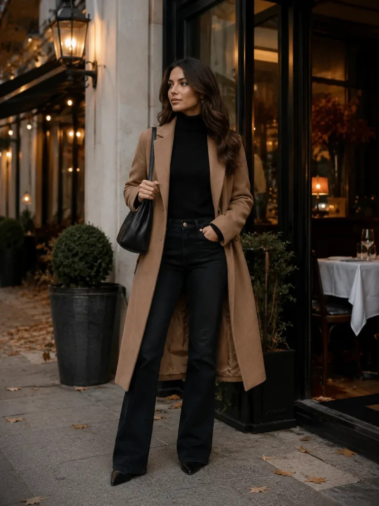 Woman wearing dark bootcut jeans, a fitted black turtleneck, pointed boots, and a long camel coat outside a restaurant.