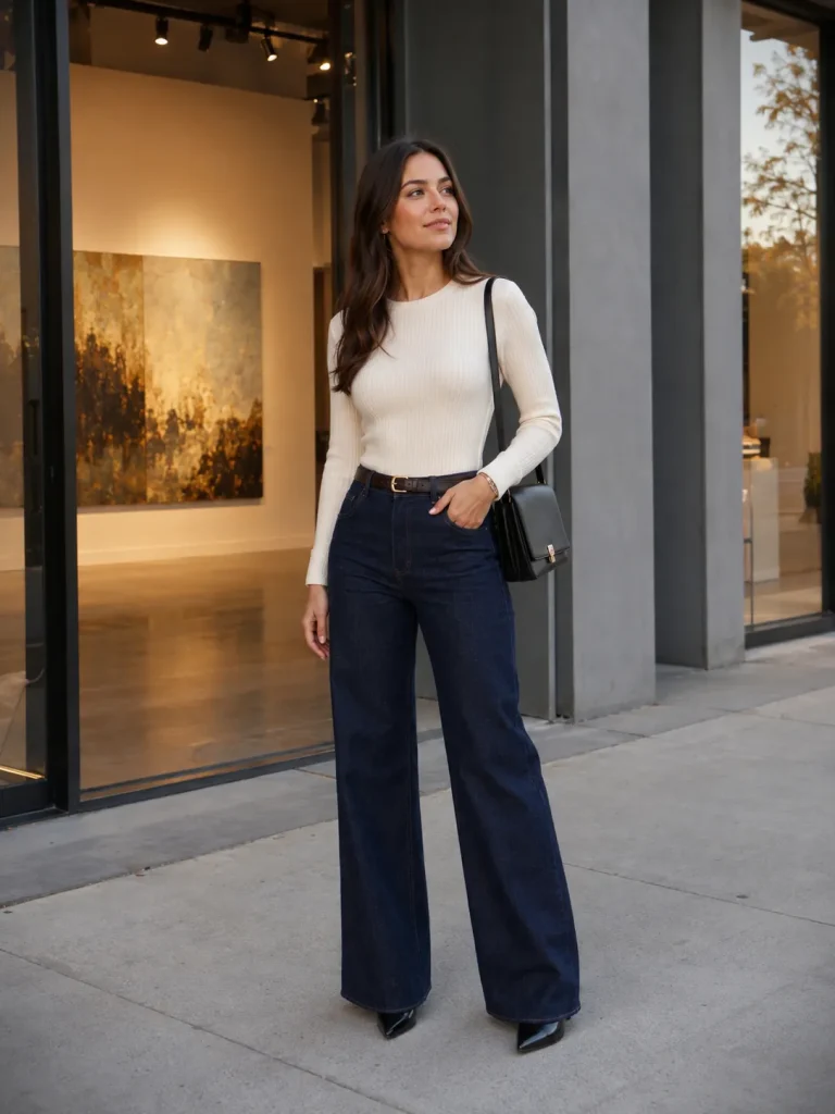 Woman wearing dark wide-leg jeans, an ivory knit top, pointed pumps, and a structured shoulder bag outside an art gallery.