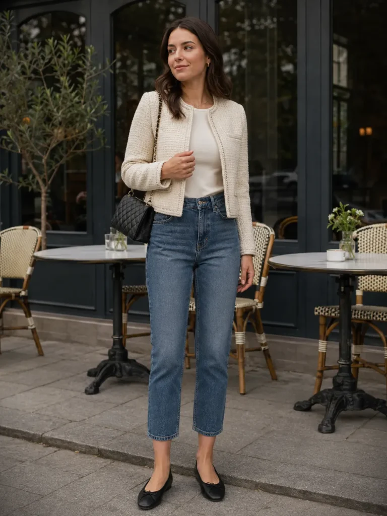 Woman wearing cropped straight-leg jeans, a cream top, a short tweed jacket, ballet flats, and a quilted shoulder bag.