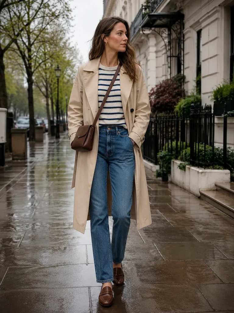 Woman wearing straight-leg jeans, a striped knit top, beige trench coat, loafers, and a crossbody bag on a city sidewalk.