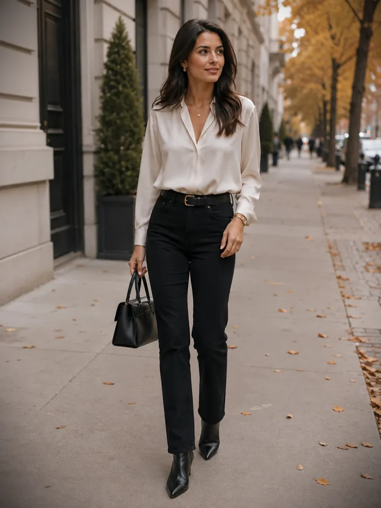 Woman wearing black straight-leg jeans, an ivory blouse, pointed ankle boots, and a structured handbag on a fall city sidewalk.