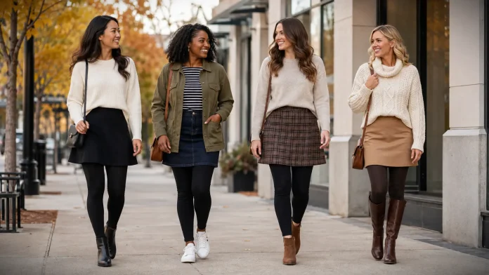 Four women wearing practical skirt with leggings outfit ideas for fall.