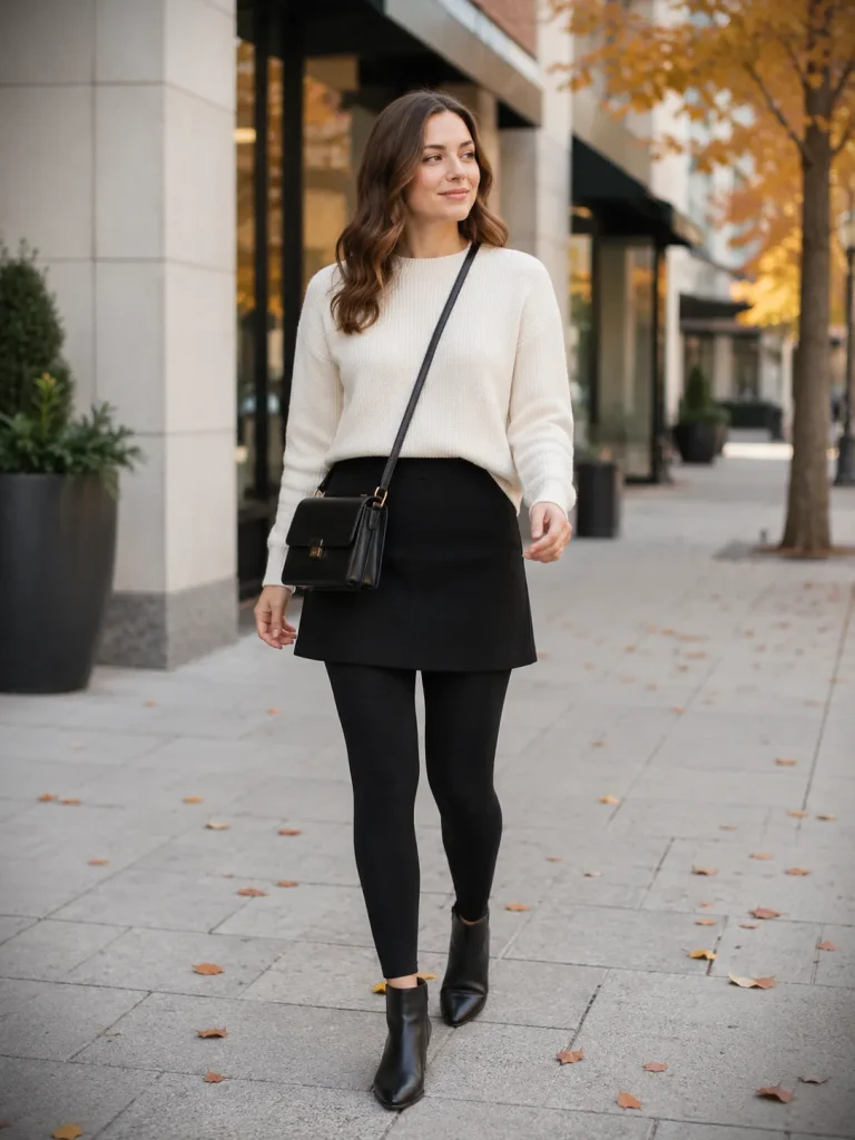 Woman wearing a black mini skirt with black leggings, cream sweater, and ankle boots.
