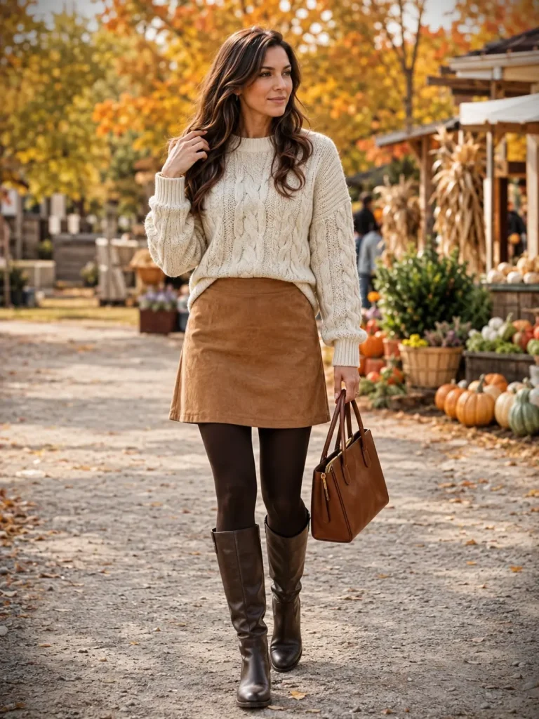 Woman wearing a camel mini skirt with espresso leggings, cream sweater, and brown knee-high boots.