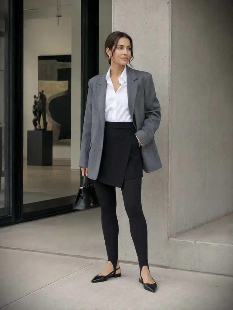 Woman styling a black wrap skirt with stirrup leggings, white shirt, gray blazer, and slingback flats.