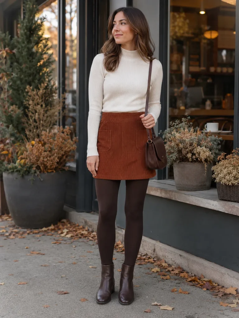 Woman wearing a rust corduroy skirt with espresso leggings and an ivory mock-neck sweater.