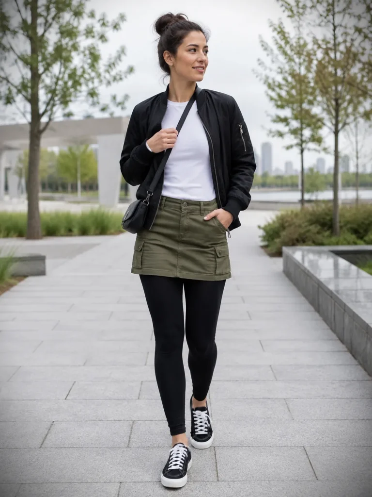 Woman wearing an olive cargo skirt over black leggings with a bomber jacket and sneakers.
