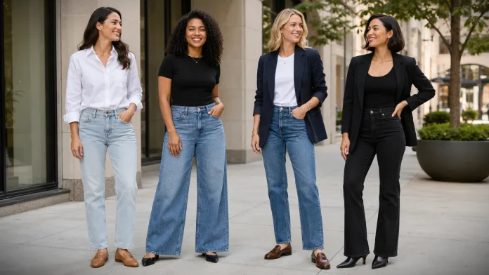 Four women wearing light blue, medium blue, and black wash jeans outfit ideas.