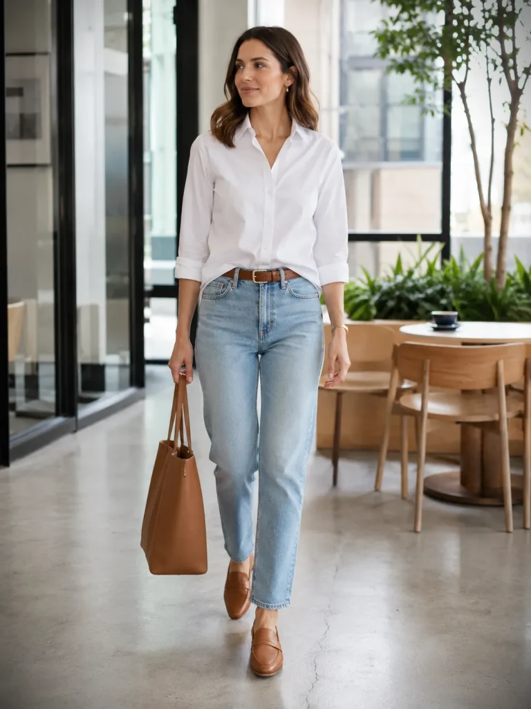 Woman wearing light wash straight-leg jeans with a white shirt, tan loafers, brown belt, and structured tote.
