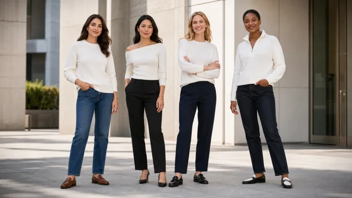Four women wearing casual, office, and dressy white sweater styles.