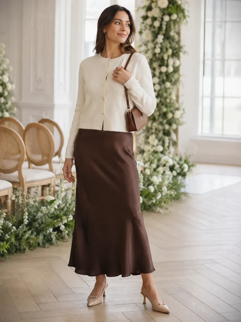 Woman wearing a fine white cardigan over a brown slip dress with low heels and a shoulder bag.