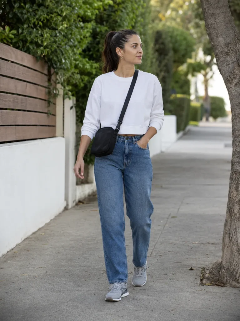 Woman wearing a white sweatshirt outfit with relaxed blue jeans, gray sneakers, and a nylon crossbody bag.