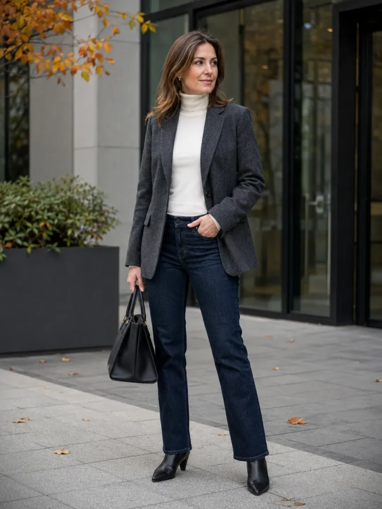 Woman wearing a fitted white turtleneck under a charcoal blazer with dark jeans and black ankle boots.