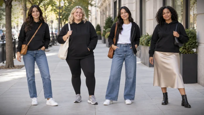 Four women wearing black hoodies with jeans, leggings, and a champagne midi skirt.