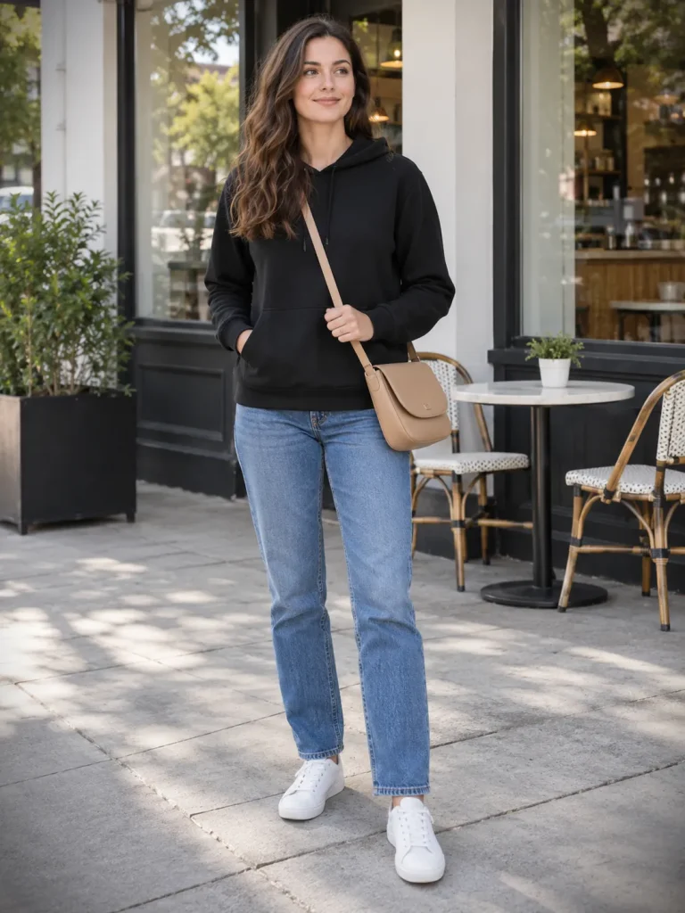 Woman wearing a black pullover hoodie with straight-leg blue jeans, white sneakers, and a tan crossbody bag. Everyday Black Hoodie Outfits