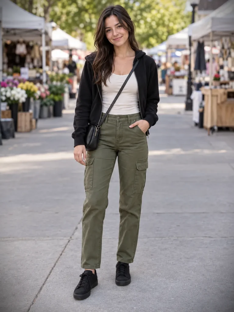 Woman pairing a cropped black zip-up hoodie and cream tank with olive cargo pants and black sneakers.