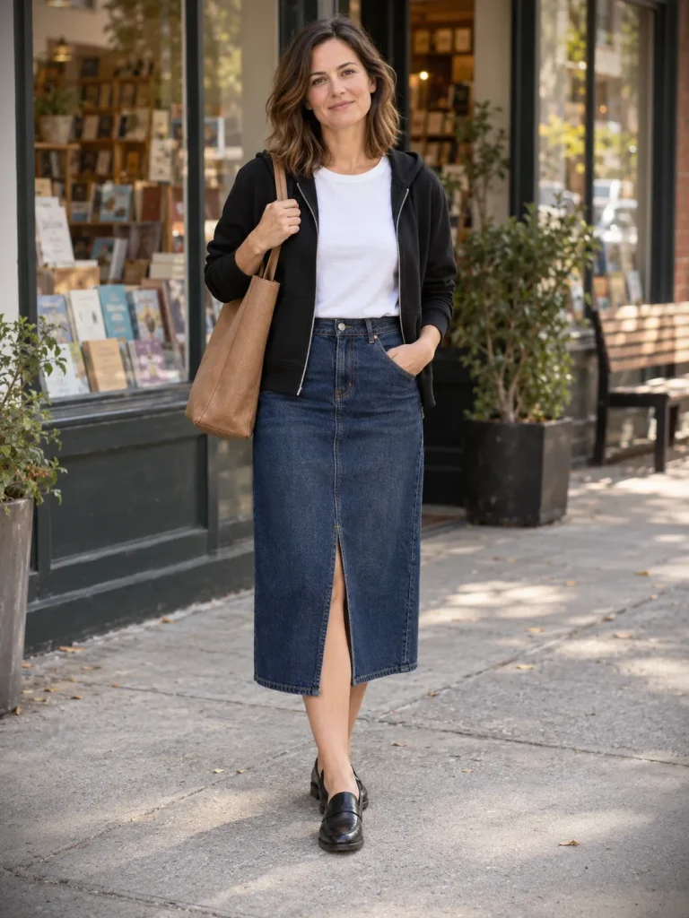 Woman styling a black zip-up hoodie and white tee with a dark denim midi skirt, black loafers, and tan tote.