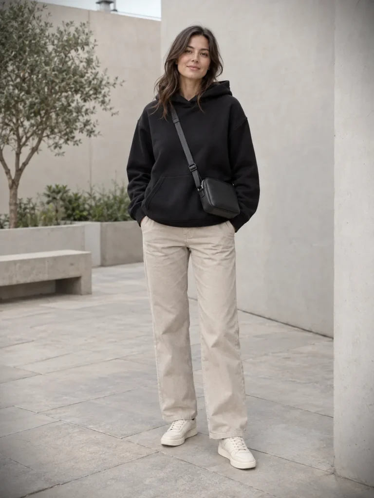Woman wearing a roomy black pullover hoodie with stone straight-leg pants, cream sneakers, and a black crossbody bag.
