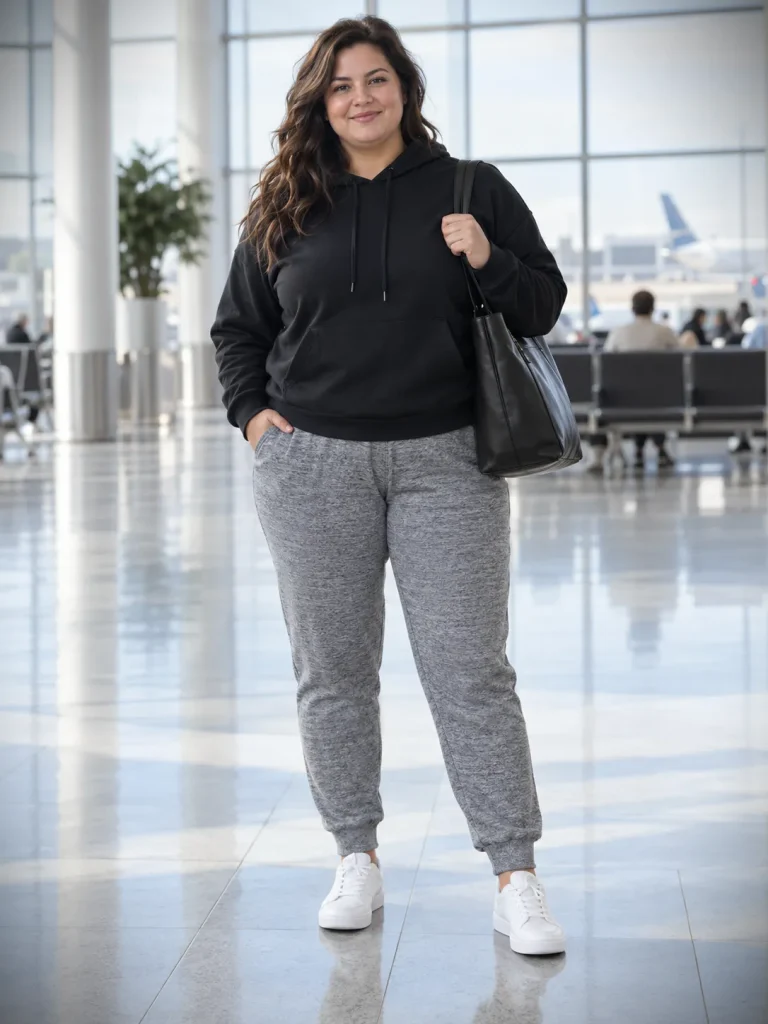 Woman in a black pullover hoodie, heather-gray joggers, and white sneakers carrying a black tote at an airport.
