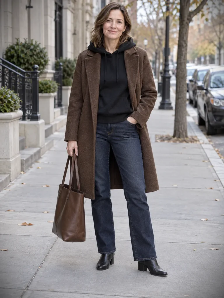 Woman wearing a brown coat over a black hoodie with dark straight-leg jeans, black ankle boots, and a brown tote.
