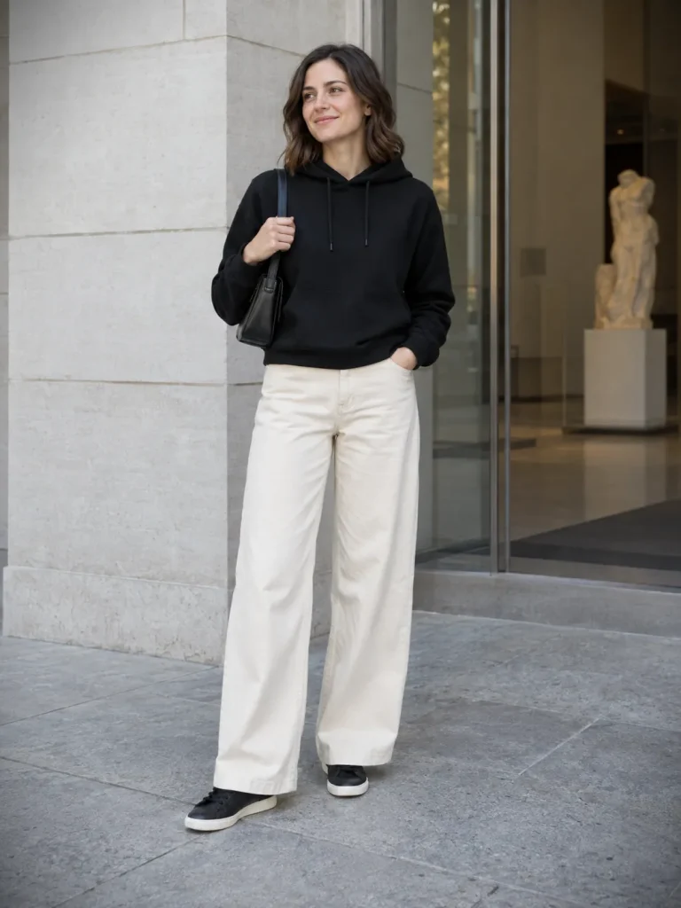 Woman in a waist-length black hoodie, cream wide-leg jeans, black sneakers, and a black shoulder bag.