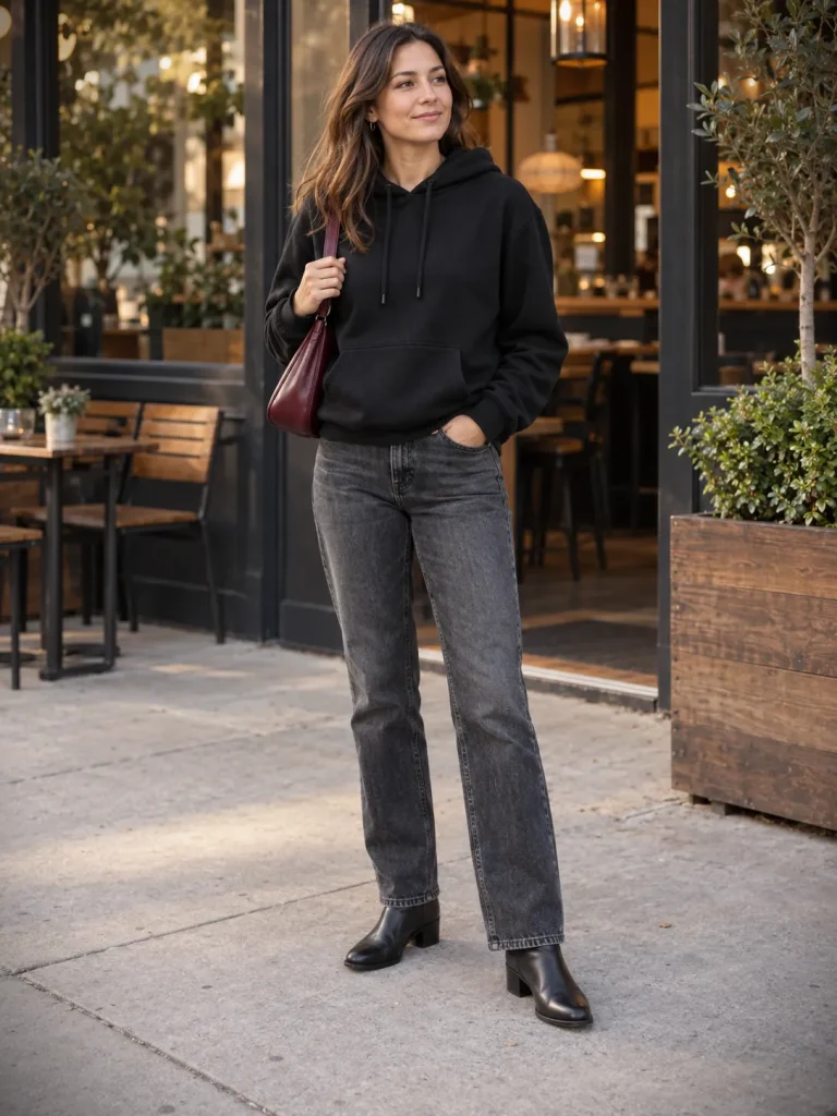 Woman wearing a black hoodie, washed-black jeans, black ankle boots, and a burgundy shoulder bag.