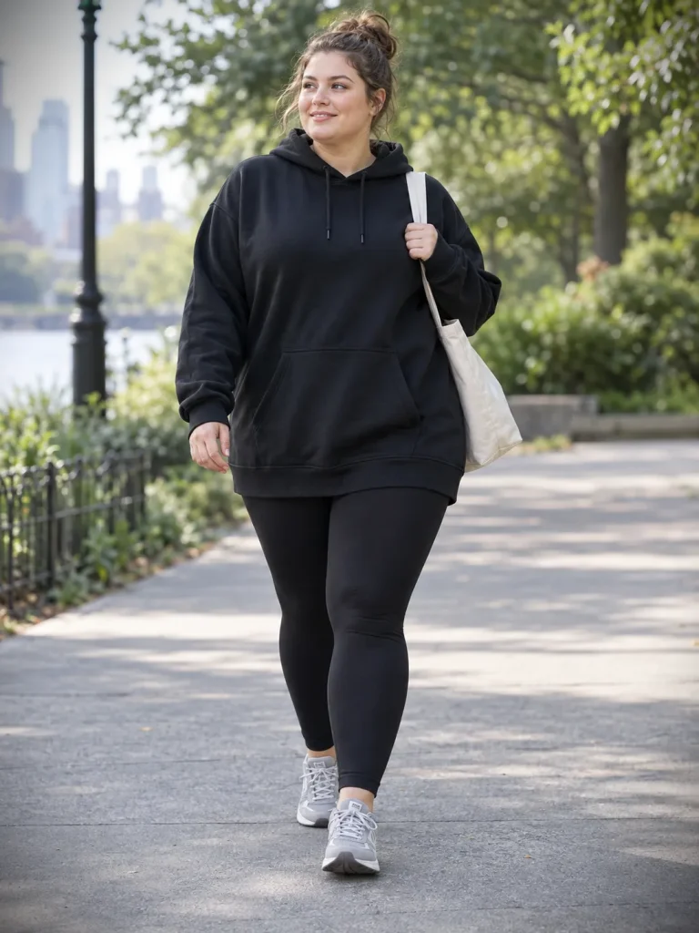 Woman wearing an oversized black hoodie with black leggings, gray sneakers, and a cream canvas tote.