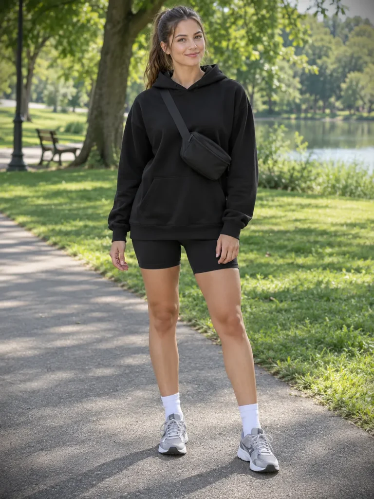 Woman in an oversized black hoodie, visible black biker shorts, white crew socks, and running sneakers.
