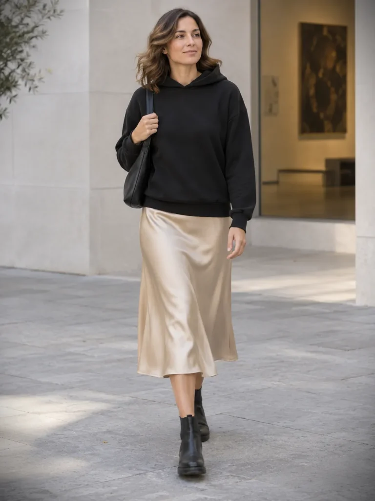 Woman pairing a loose black hoodie with a champagne satin midi skirt, black ankle boots, and a small black bag.
