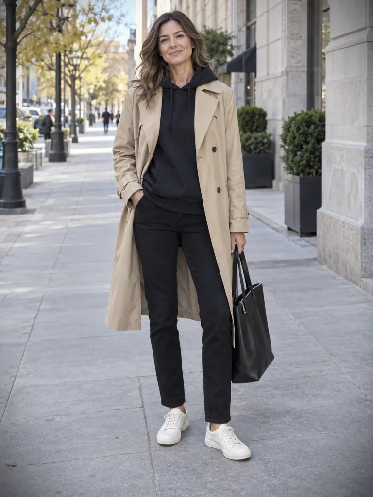  Woman layering a beige trench coat over a black hoodie and slim-straight pants with cream sneakers.