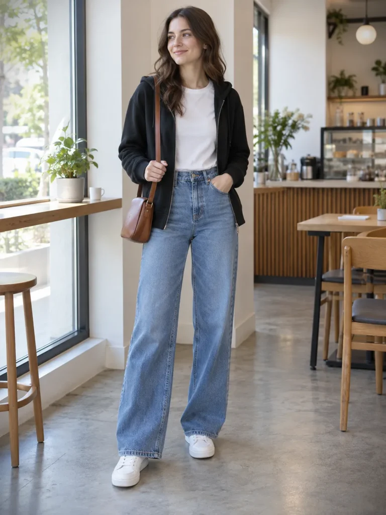Woman wearing an open black zip-up hoodie, white tee, blue wide-leg jeans, and white sneakers.