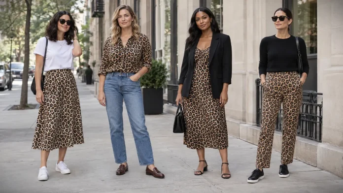 Four women wearing leopard print outfits with a skirt, blouse, midi dress and pants.