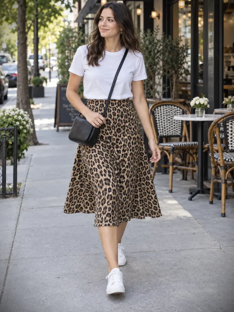 Woman wearing a leopard midi skirt with a tucked white T-shirt, white sneakers, and a black crossbody bag.