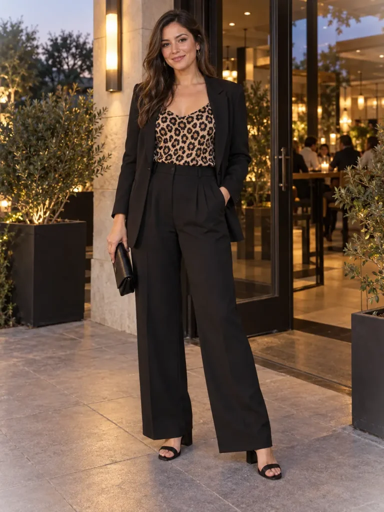 Woman wearing a leopard camisole with black wide-leg trousers, an open black blazer, low block heels, and a clutch.