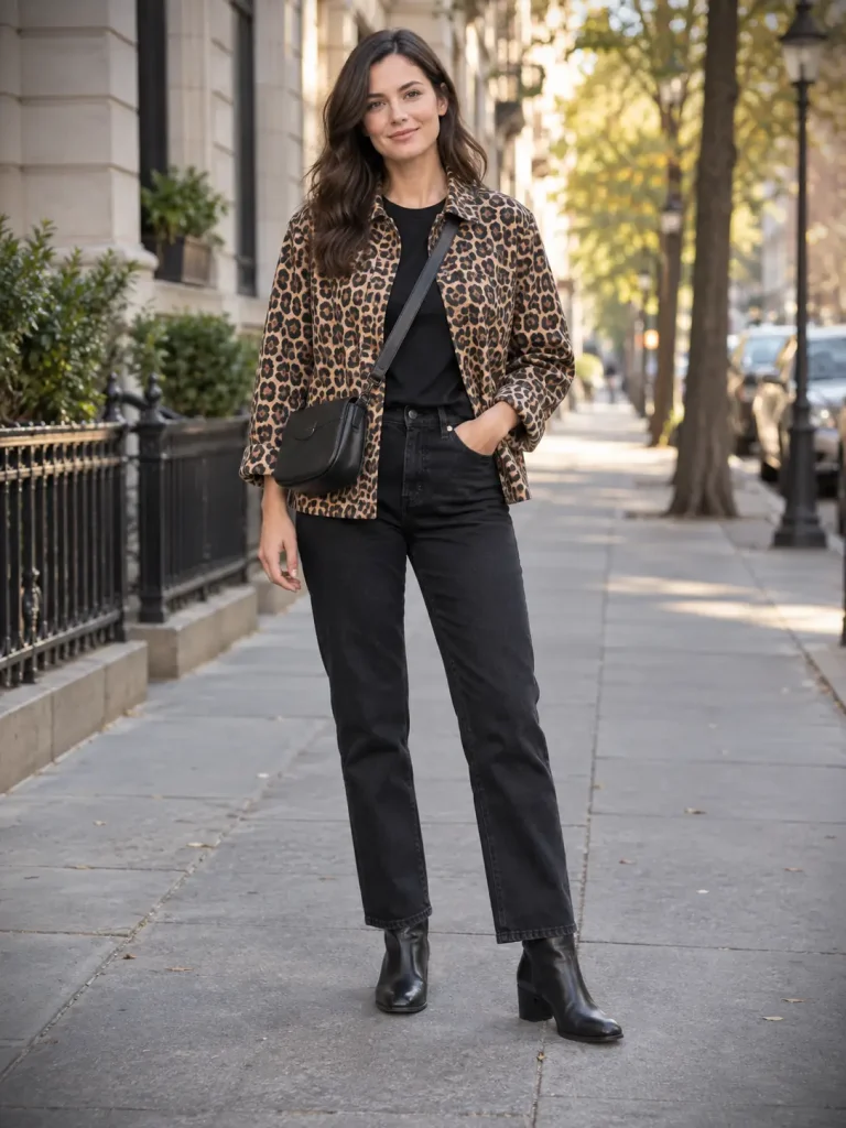 Woman wearing a leopard jacket over a black tee and black jeans with black ankle boots and a crossbody bag.
