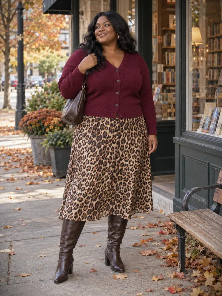 Woman wearing a leopard midi skirt with a buttoned burgundy cardigan, dark-brown boots, and a brown shoulder bag.