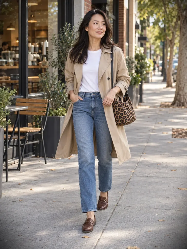 Woman carrying a leopard shoulder bag with a beige trench coat, white tee, blue jeans, and brown loafers.