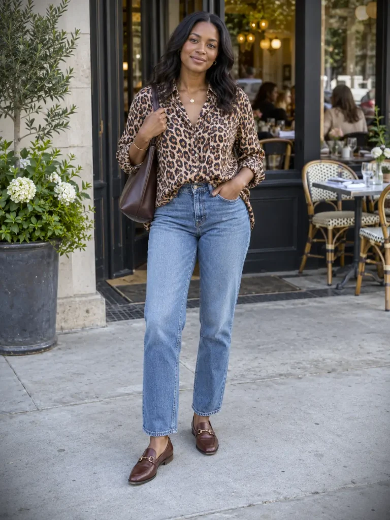 Woman wearing a leopard blouse with blue straight-leg jeans, brown loafers, and a chocolate shoulder bag.